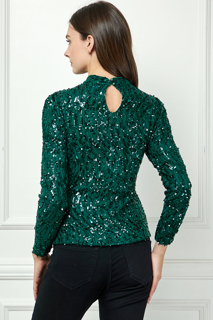 HUNTER GREEN SEQUINS MOCK NECK LONG SLEEVES TOP AVT10648W