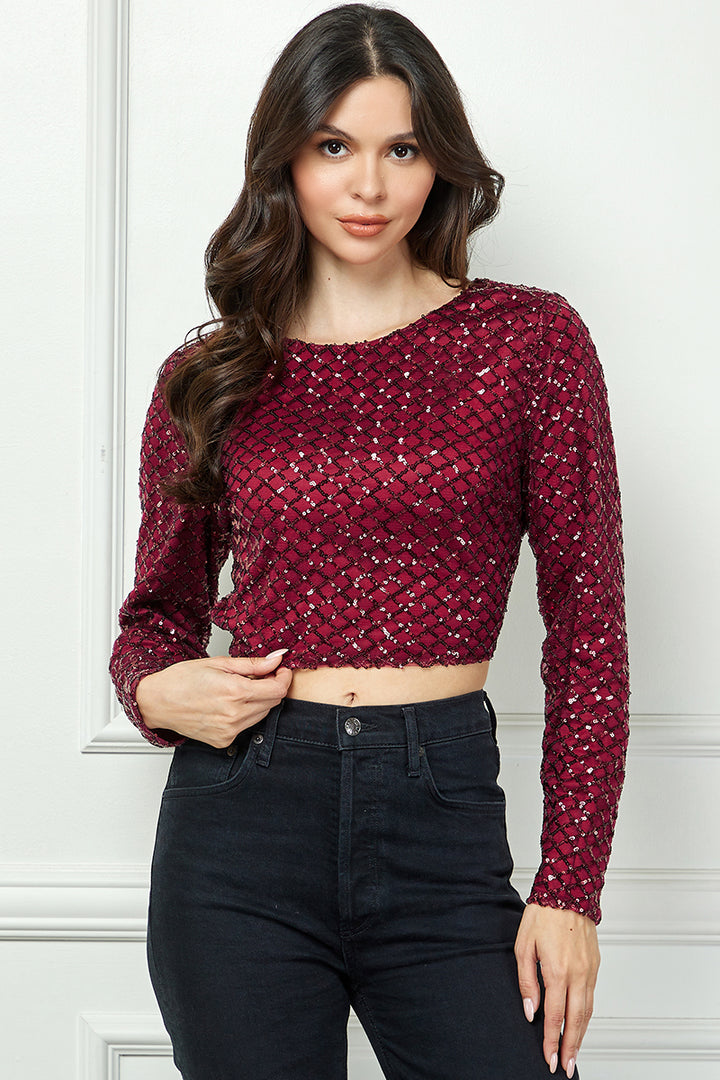 SEQUINS OPEN BACK DETAILED CROP TOP AVT51912W