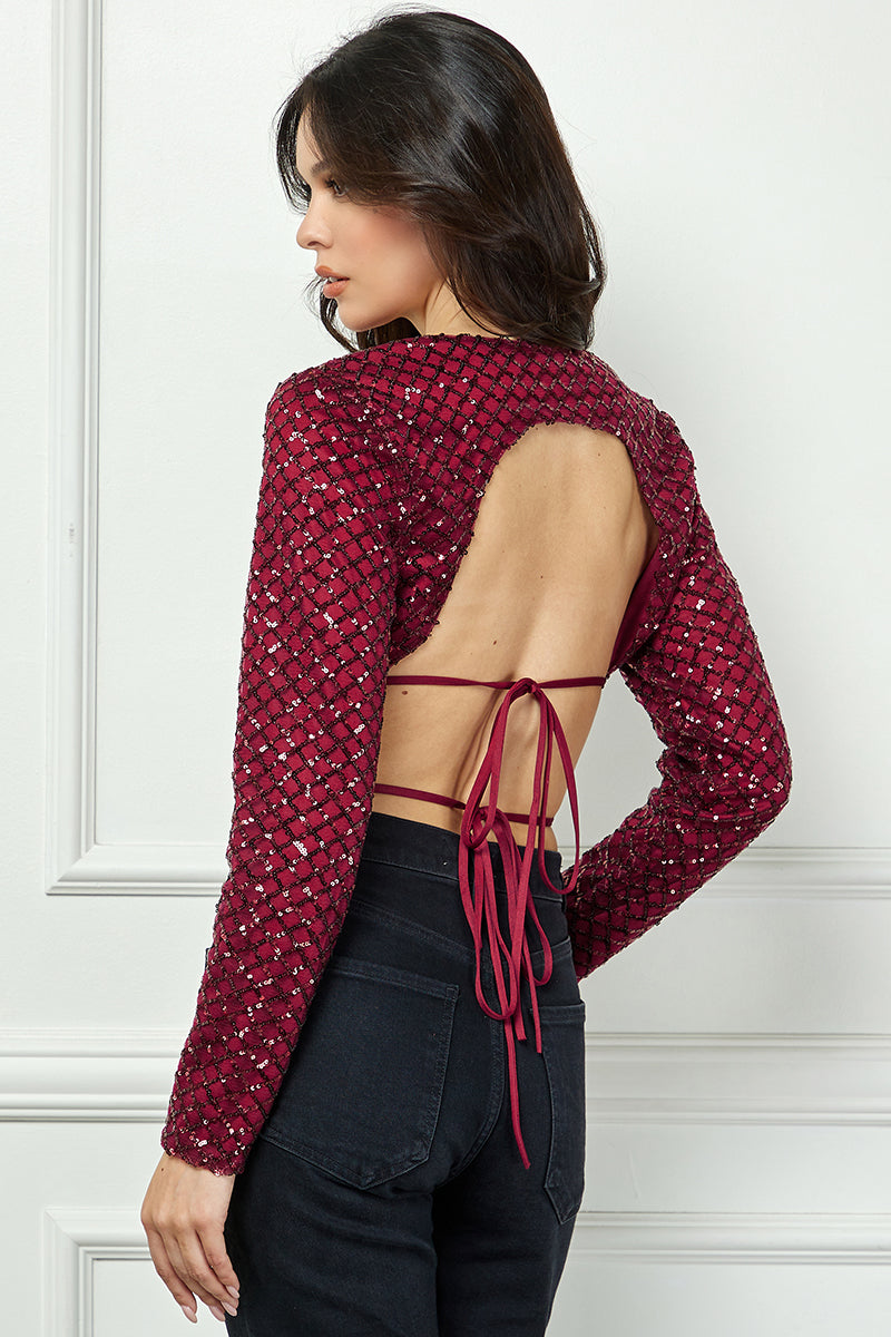 SEQUINS OPEN BACK DETAILED CROP TOP AVT51912W