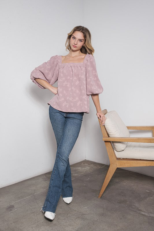 SQUARE NECK FLARED 3/4 BALLOON SLEEVES BLOUSE TOP