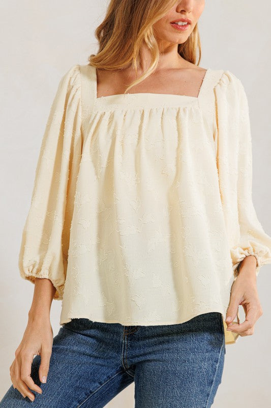 SQUARE NECK FLARED 3/4 BALLOON SLEEVES BLOUSE TOP