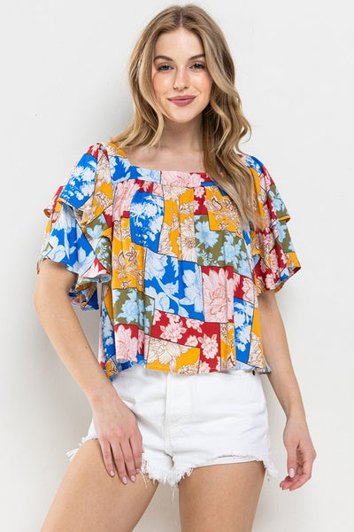 SQUARE NECK FLORAL PRINT RUFFLED SLEEVES TOP TC12679PA