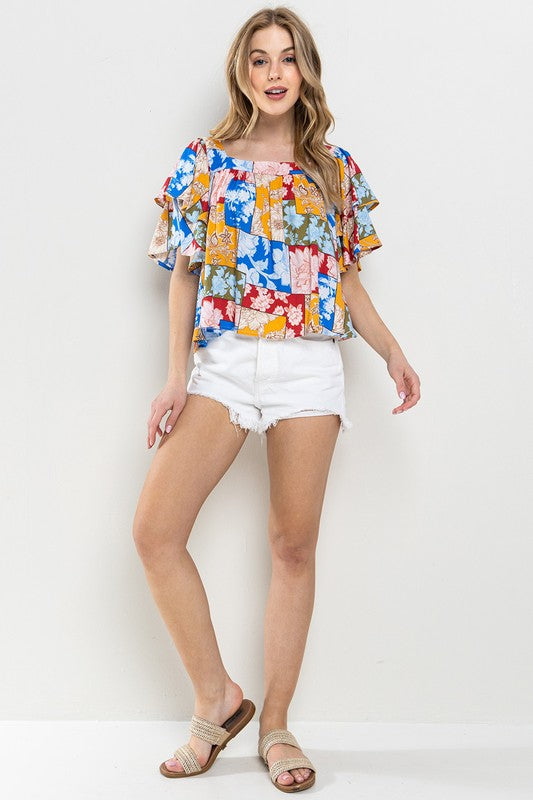 SQUARE NECK FLORAL PRINT RUFFLED SLEEVES TOP TC12679PA