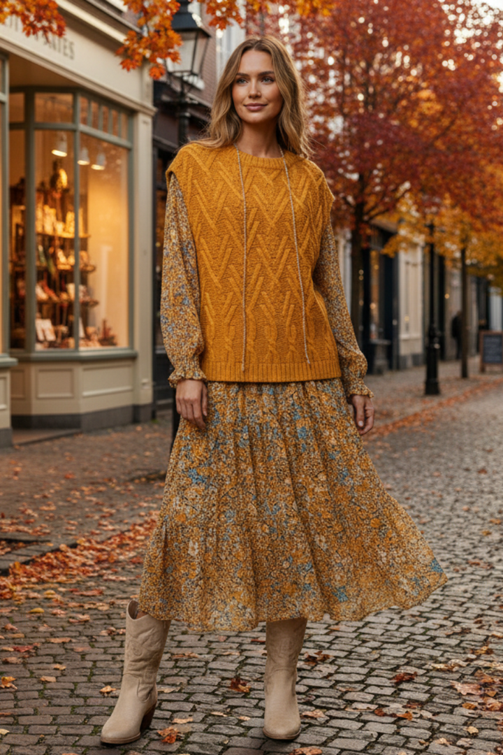 MUSTARD CABLE KNIT SWEATER VEST TIS12282-