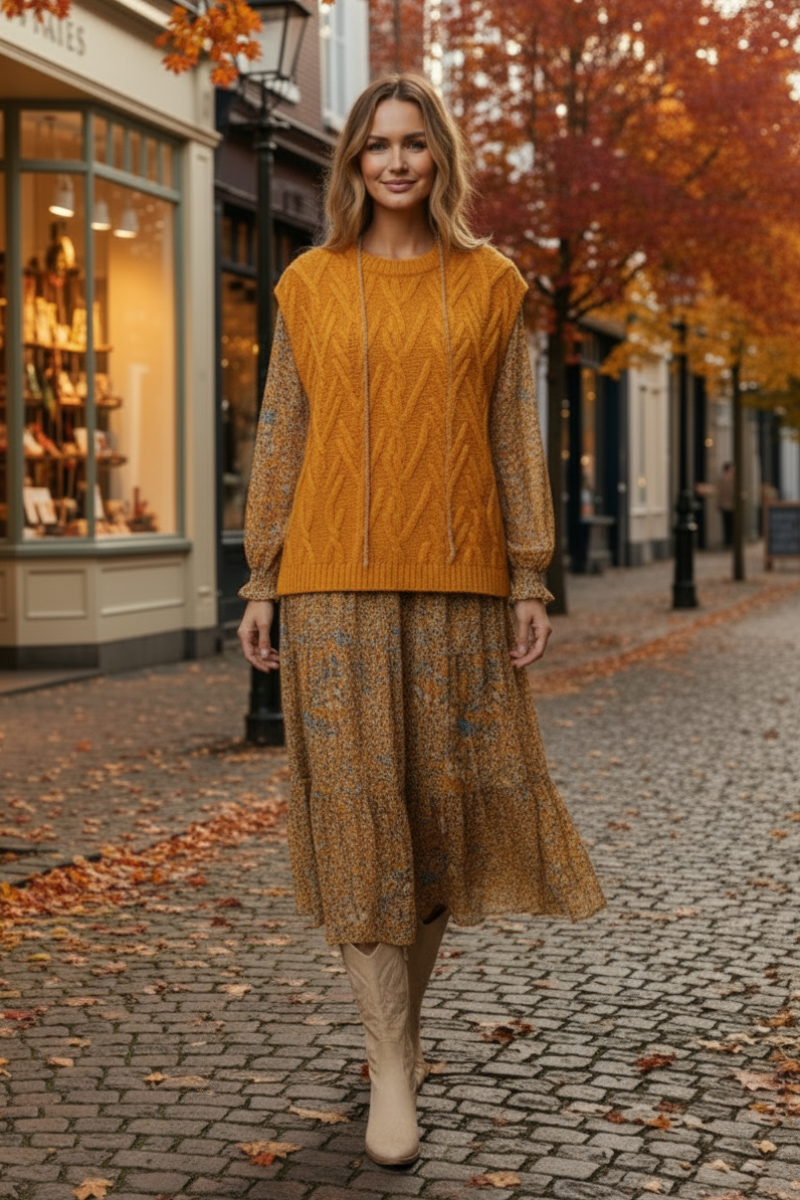MUSTARD CABLE KNIT SWEATER VEST TIS12282-