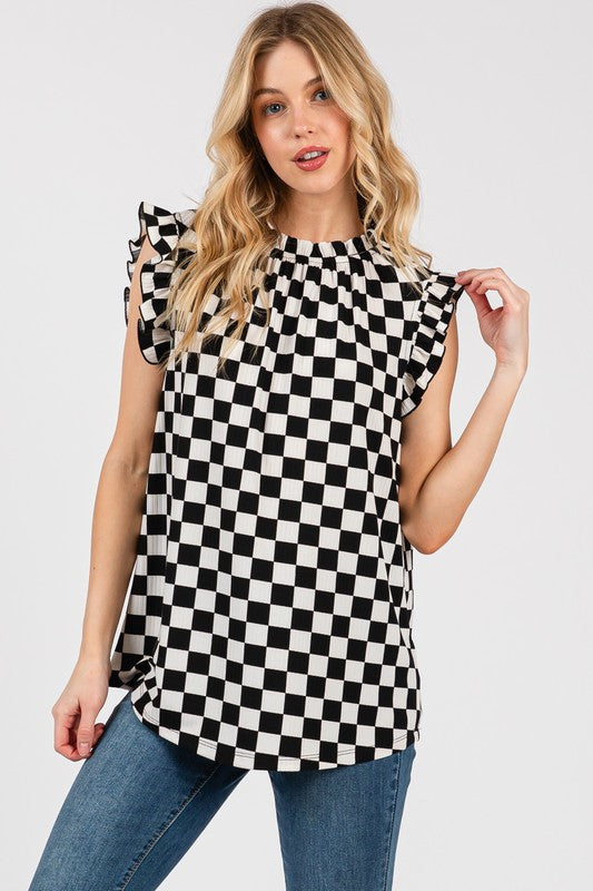 RUFFLE-SLEEVE CHECKERBOARD TOP TT3612KTB