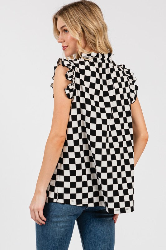 RUFFLE-SLEEVE CHECKERBOARD TOP TT3612KTB