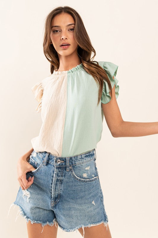 SPLIT COLOR RUFFLE TOP TT3612NCSA