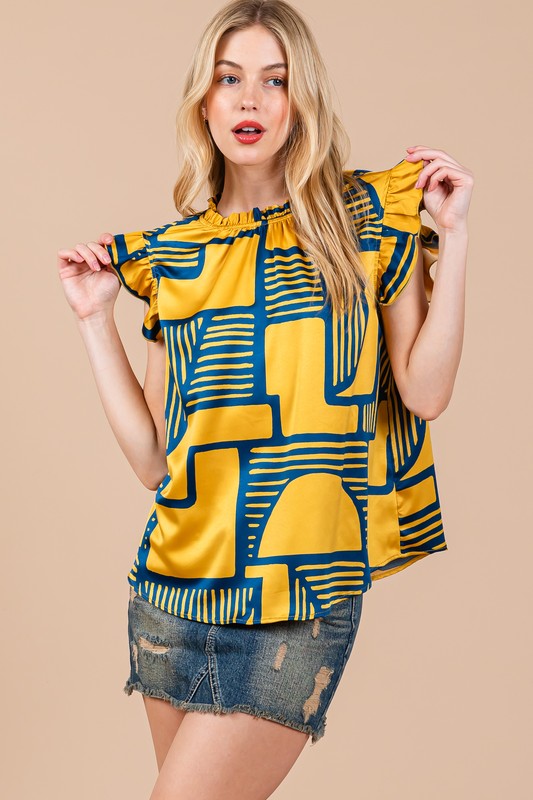 MUSTARD NAVY PLAYFUL SUMMER RUFFLE SLEEVE TOP TT3612WNPG