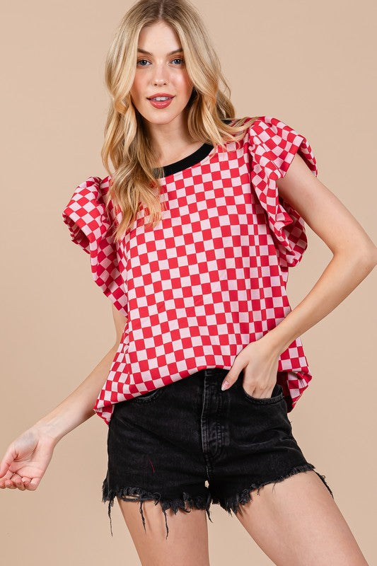 CHECKERBOARD PUFF SLEEVE TOP TY12885GD