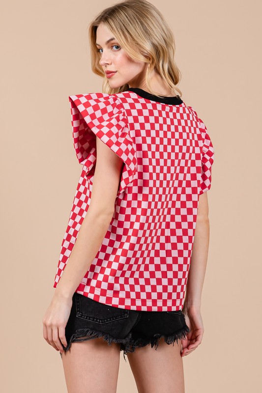 CHECKERBOARD PUFF SLEEVE TOP TY12885GD