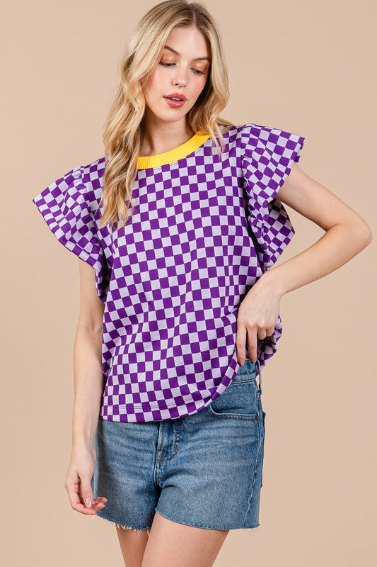 CHECKERBOARD PUFF SLEEVE TOP TY12885GD