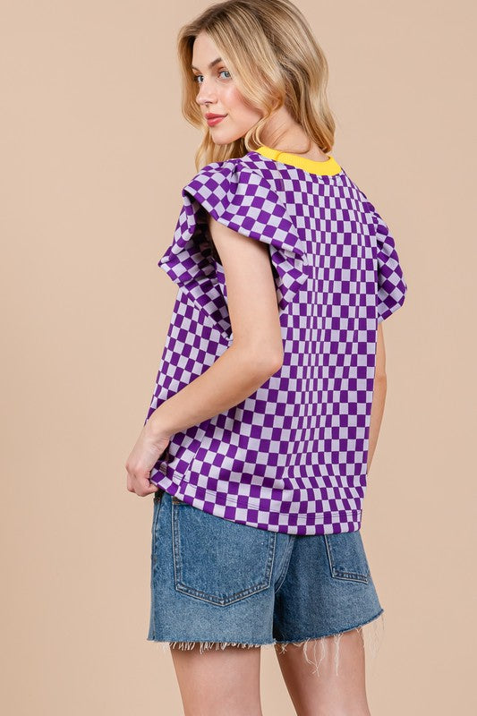 CHECKERBOARD PUFF SLEEVE TOP TY12885GD