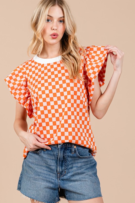CHECKERBOARD PUFF SLEEVE TOP TY12885GD