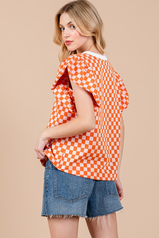 CHECKERBOARD PUFF SLEEVE TOP TY12885GD