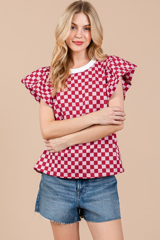 CHECKERBOARD PUFF SLEEVE TOP TY12885GD