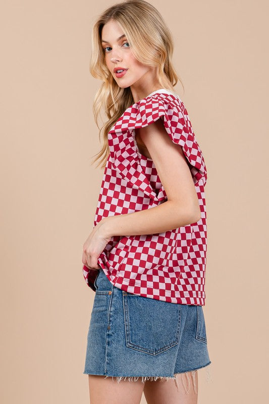CHECKERBOARD PUFF SLEEVE TOP TY12885GD