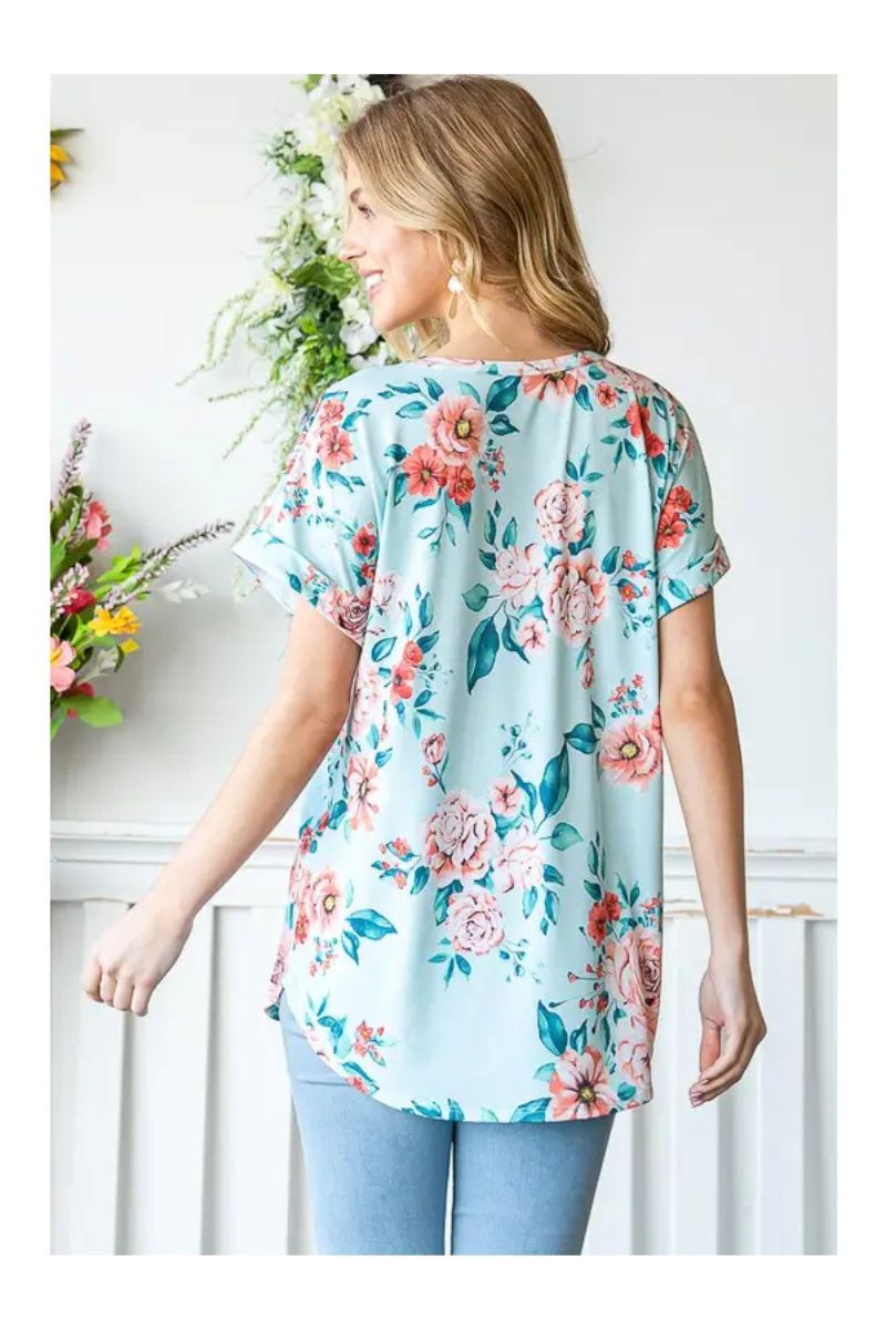 MINT FLORAL DOLMAN SLEEVES BUTTON FRONT PLUS SIZE TOP HMET7123-12X