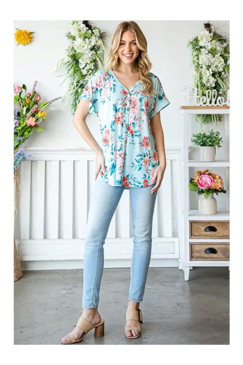 MINT FLORAL DOLMAN SLEEVES BUTTON FRONT PLUS SIZE TOP HMET7123-12X