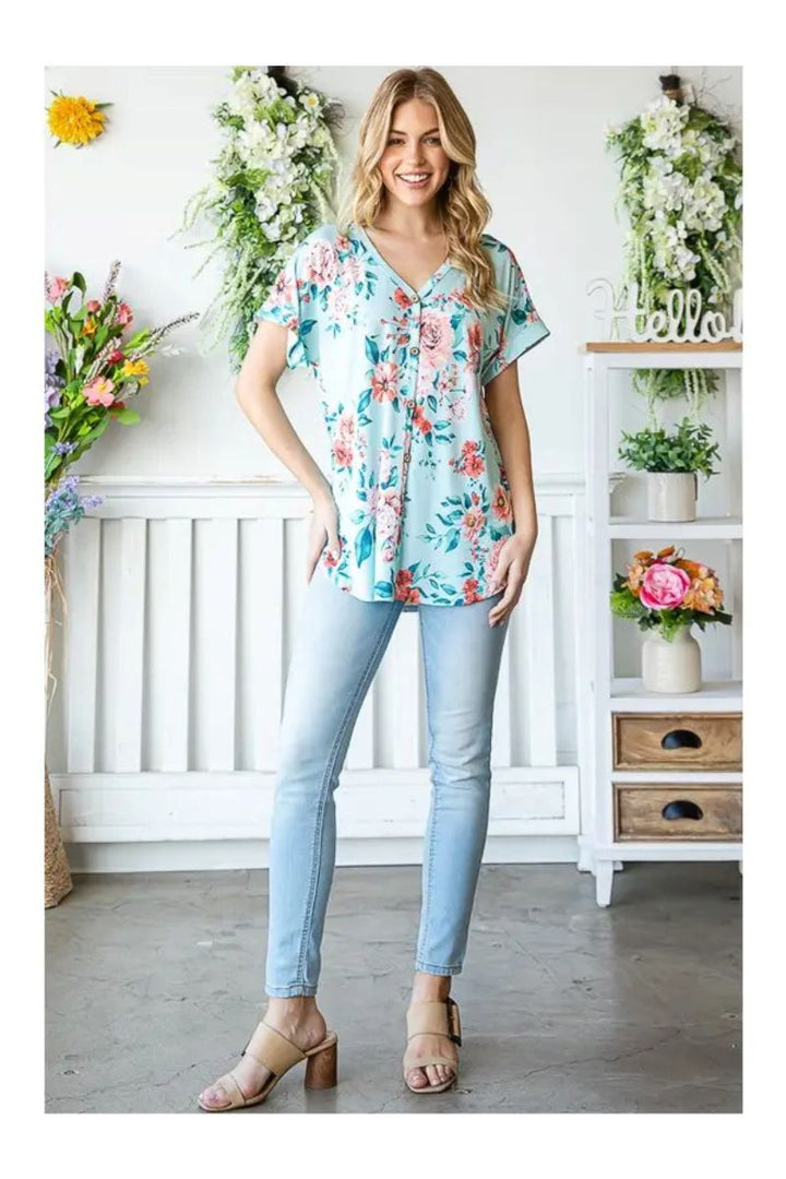 MINT FLORAL DOLMAN SLEEVES BUTTON FRONT PLUS SIZE TOP HMET7123-12X