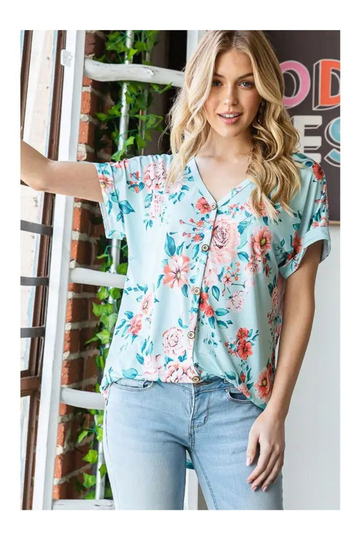 MINT FLORAL DOLMAN SLEEVES BUTTON FRONT PLUS SIZE TOP HMET7123-12X