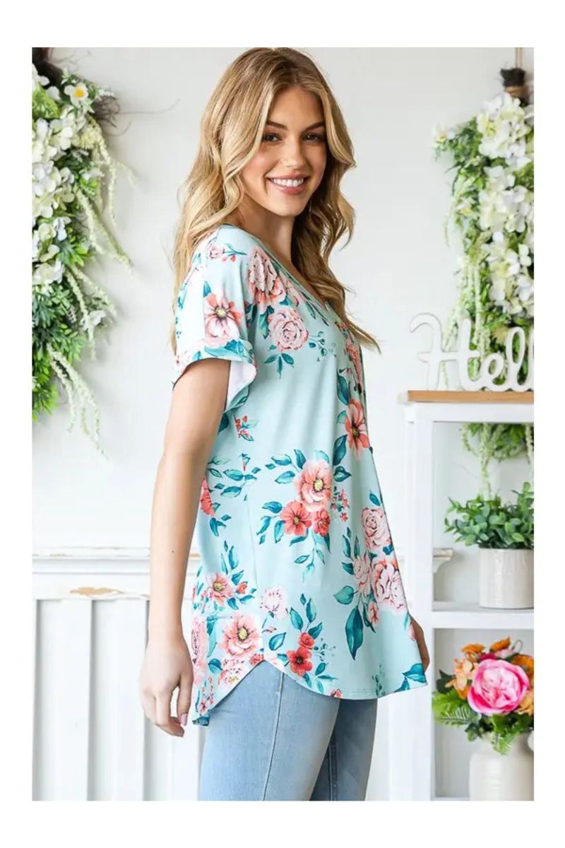 MINT FLORAL DOLMAN SLEEVES BUTTON FRONT PLUS SIZE TOP HMET7123-12X