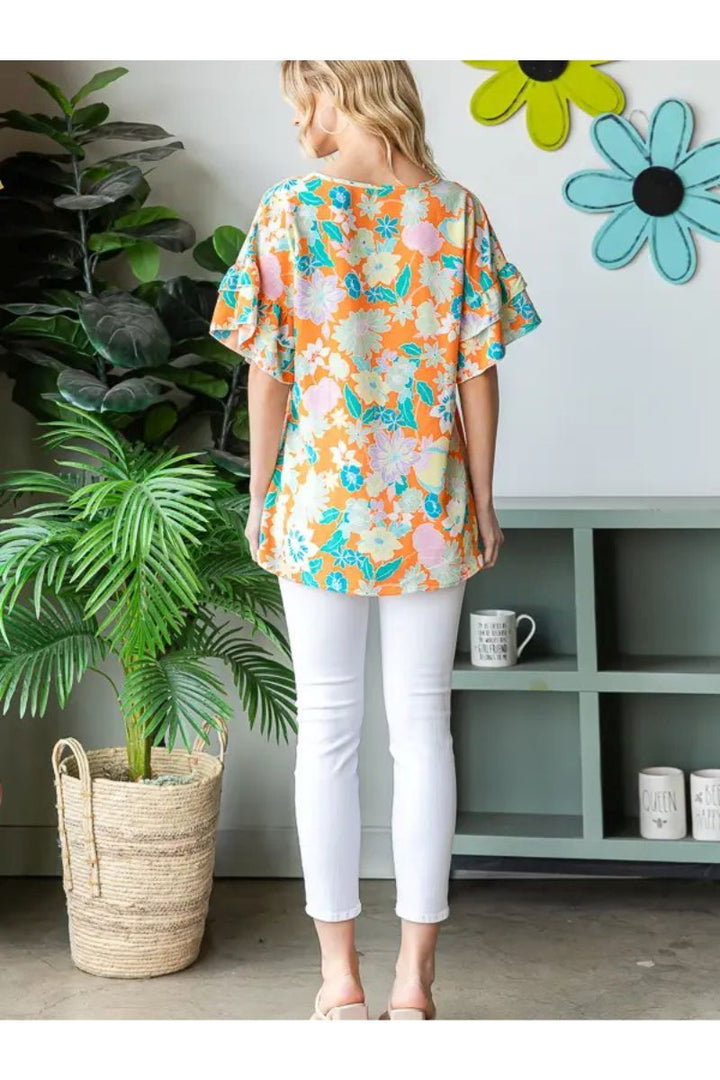 ORANGE FLORAL PRINT DOUBLE RUFFLED V-NECK PLUS SIZE TOP HMET7105-13X