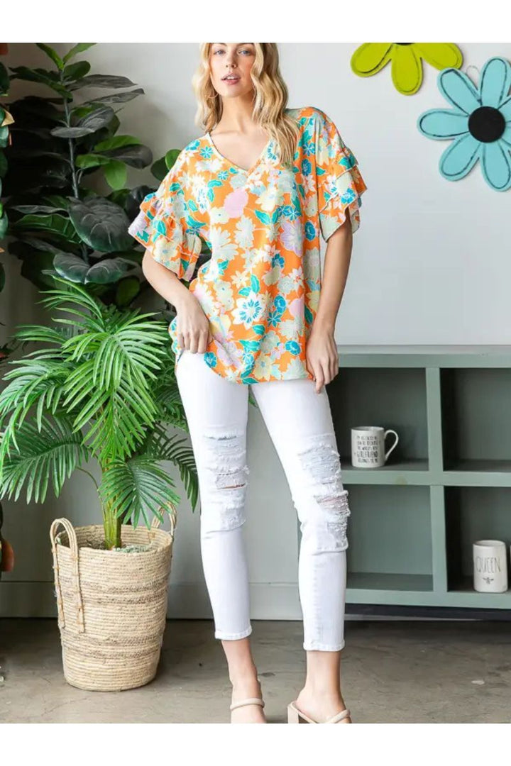 ORANGE FLORAL PRINT DOUBLE RUFFLED V-NECK PLUS SIZE TOP HMET7105-13X