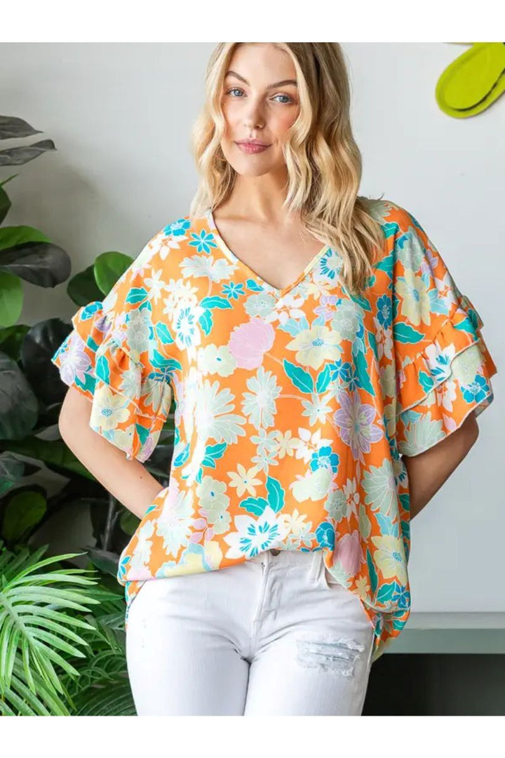 ORANGE FLORAL PRINT DOUBLE RUFFLED V-NECK PLUS SIZE TOP HMET7105-13X