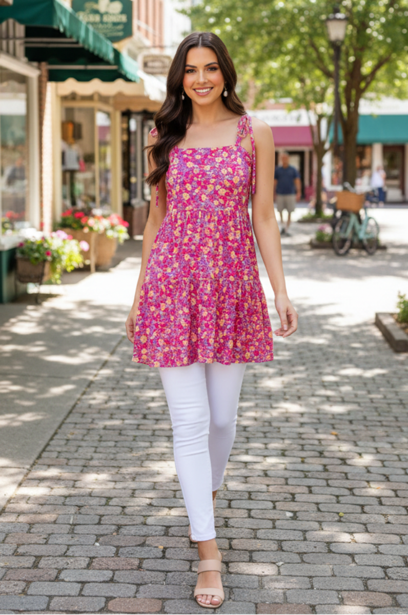 FUCHSIA FLORAL PRINT TIERED TANK TOP HMET7248-12