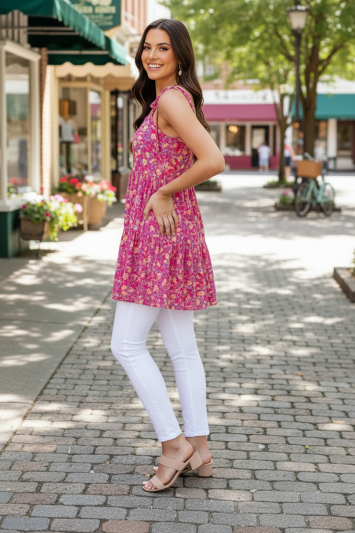FUCHSIA FLORAL PRINT TIERED TANK TOP HMET7248-12