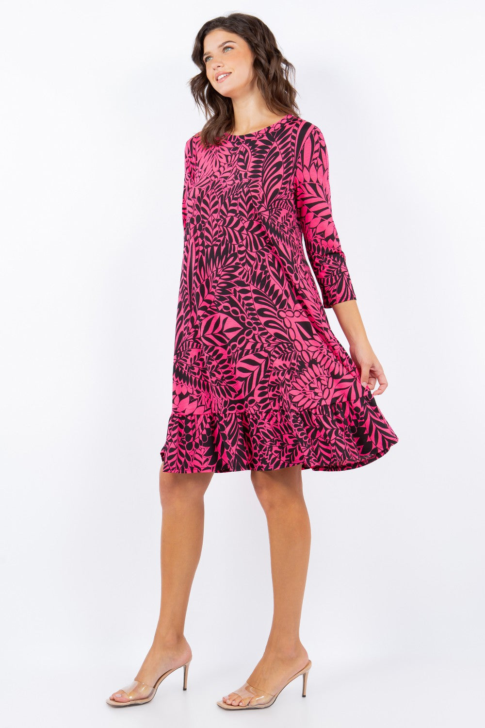 PINK TROPICAL PRINT BABYDOLL DRESS  WITH SIDE POCKETS