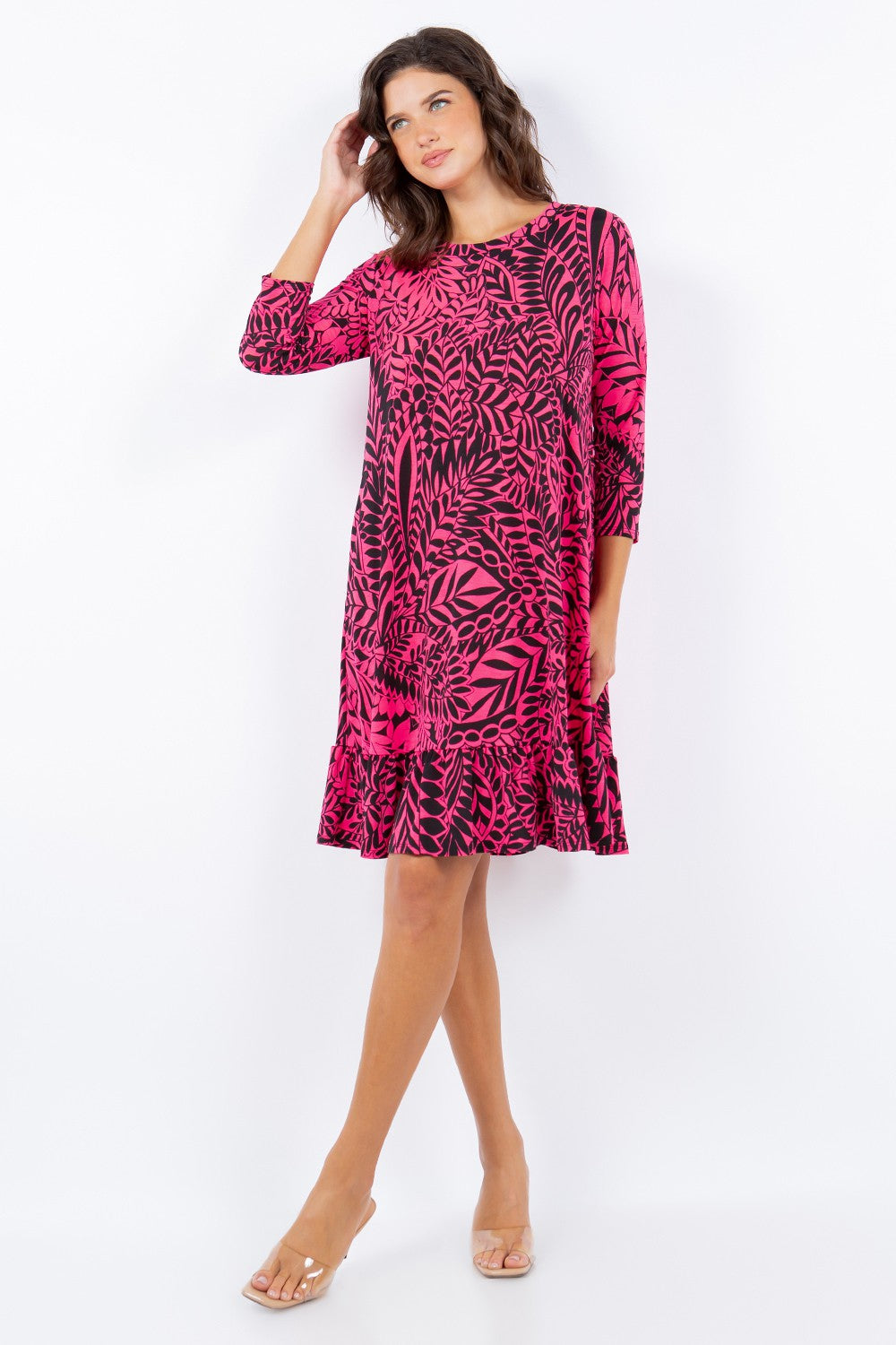 SHVc5779X-c-Wholesale Pink TROPICAL PRINT BABYDOLL DRESS  WITH SIDE POCKETS