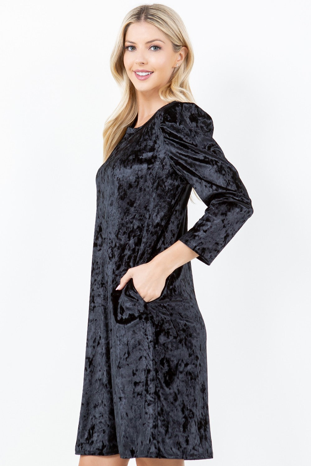 BLACK VELVET W/ SIDE POCKETS MINI DRESS-SHVC5792-VELVET