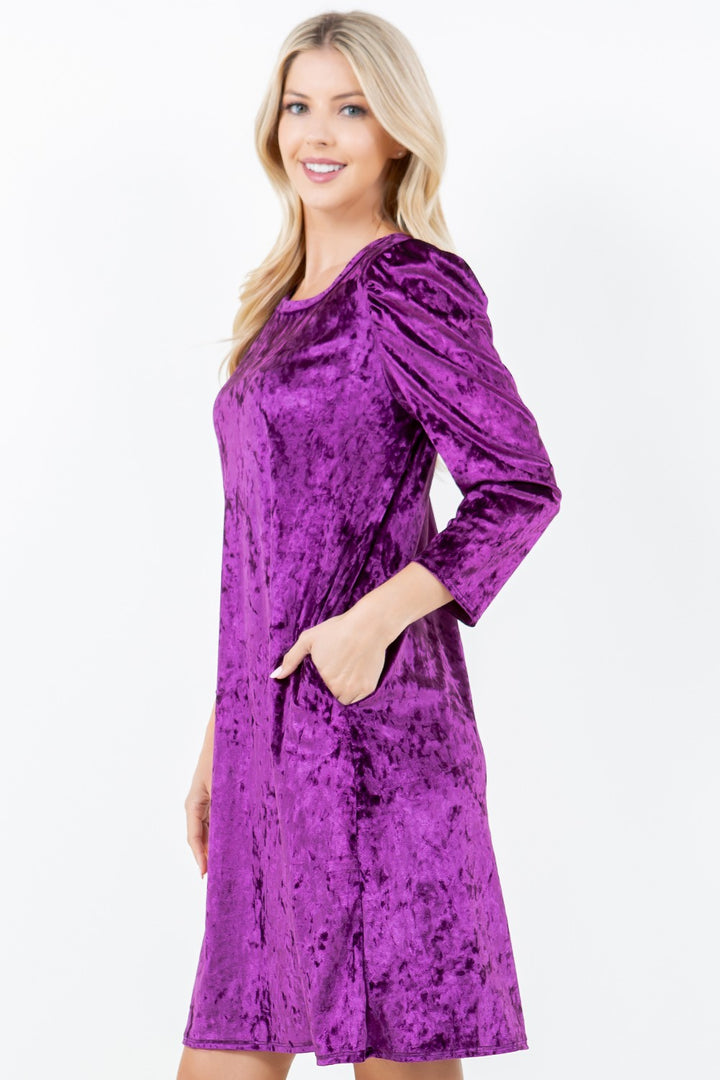 PURPLE VELVET W/ POCKETS TUNIC PLUS SIZE MINI DRESS-SHVC5792X-VELVET