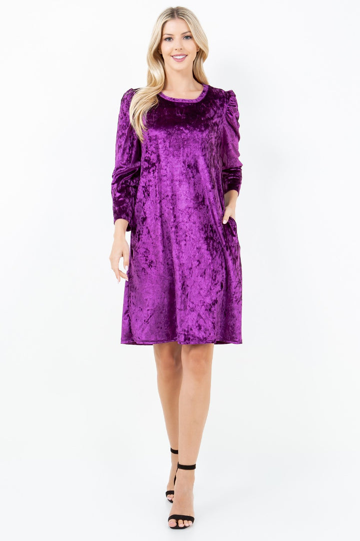 SHVc5792X-velvet-Wholesale Purple TUNIC DRESS IN VELVET WITH SIDE POCKETS