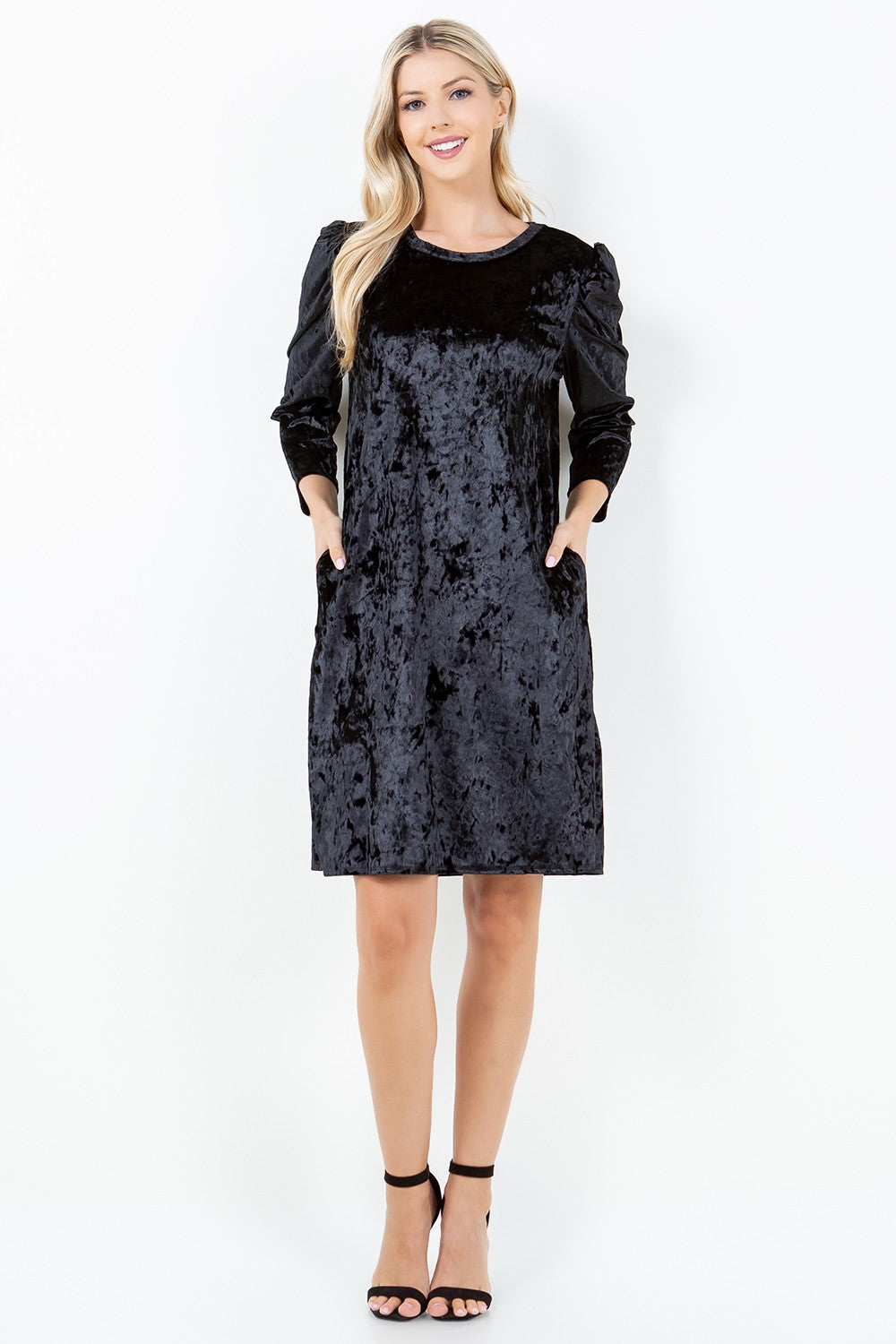 SHVc5792X-velvet-Wholesale Black TUNIC DRESS IN VELVET WITH SIDE POCKETS