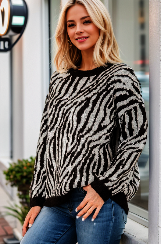 BLACK ANIMAL PRINT ROUND NECK LONG SLEEVES SWEATER HMWT1034L