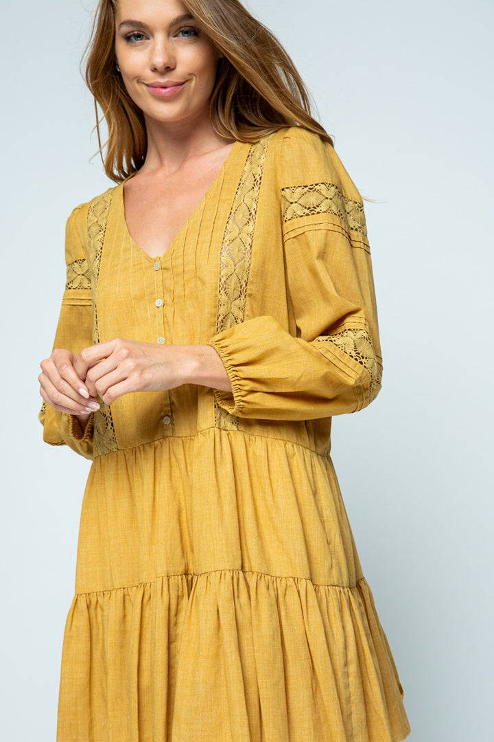 HONEY GOLD LACE DETAILED RUFFLED LONG SLEEVES MINI DRESS MDR8123