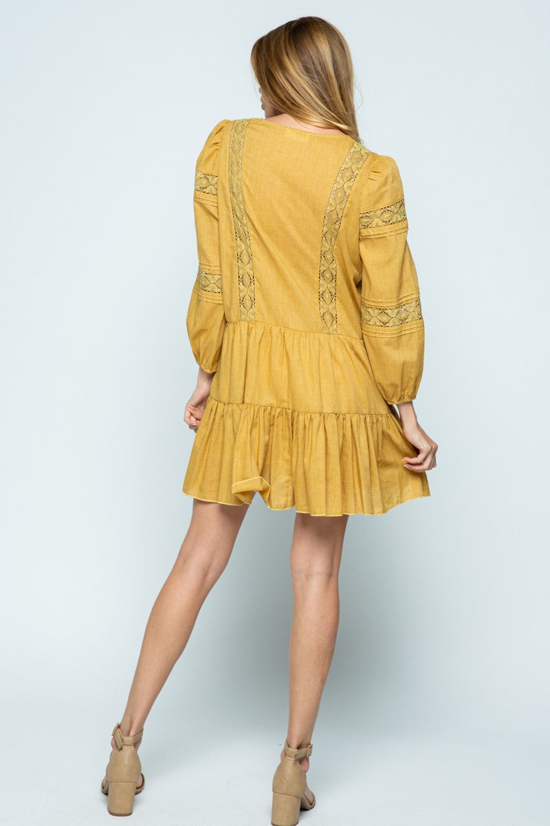HONEY GOLD LACE DETAILED RUFFLED LONG SLEEVES MINI DRESS MDR8123