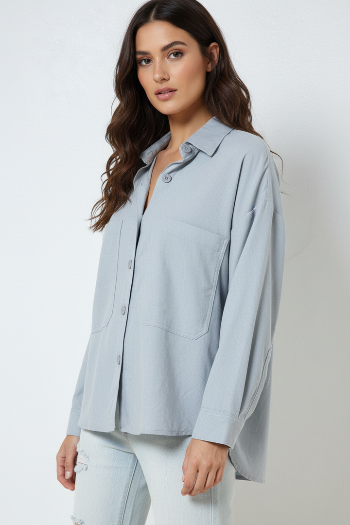 HEATHER GREY COTTON COLLARED PATCH POCKET SHIRT TOP T7649