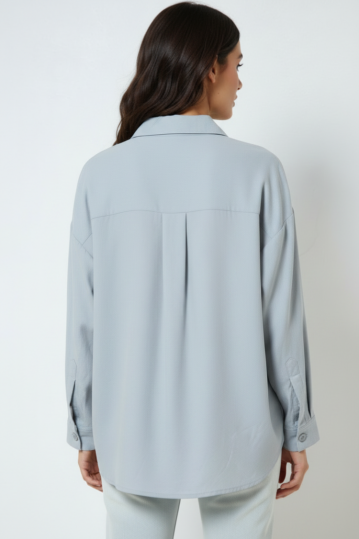 HEATHER GREY COTTON COLLARED PATCH POCKET SHIRT TOP T7649