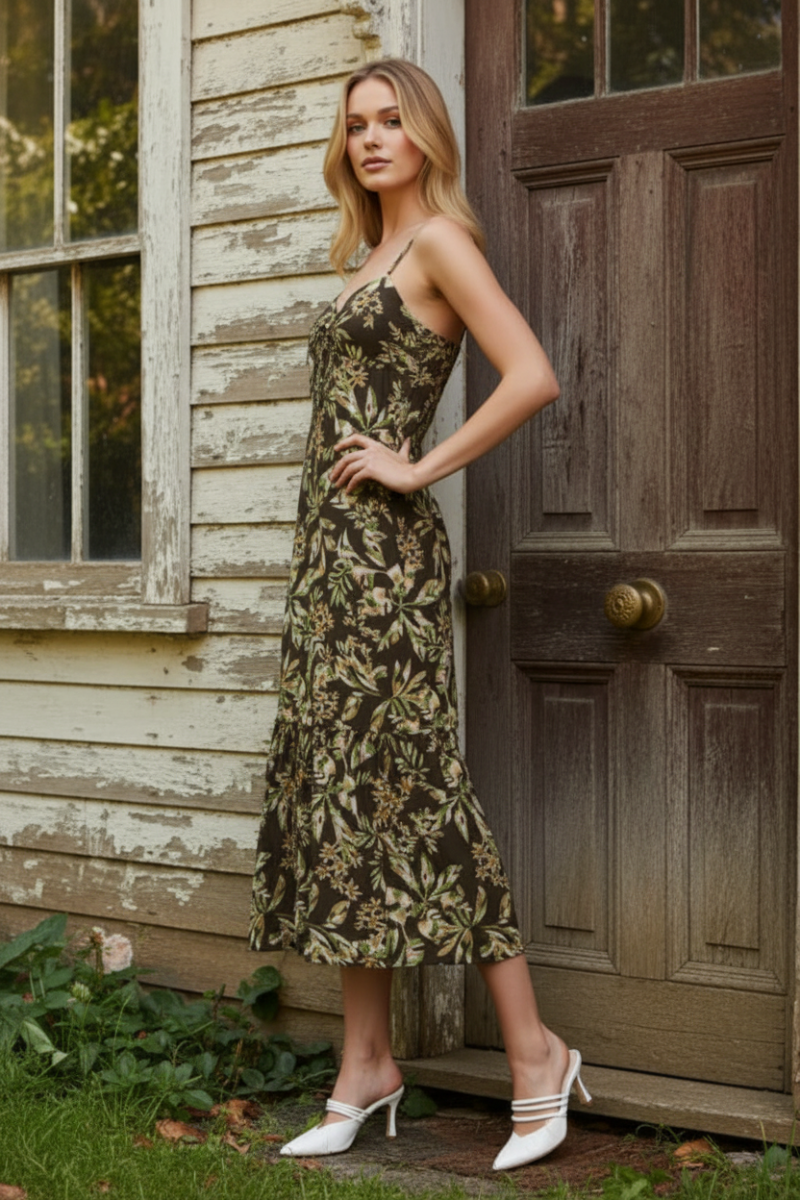 LIME ADJUSTABLE SPAGHETTI STRAP TIERED MIDI DRESS D10200
