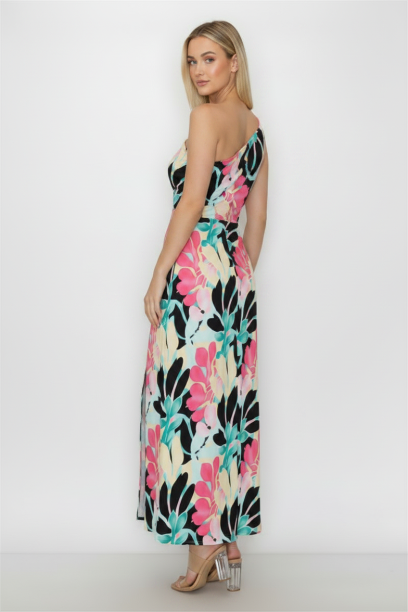 FLORAL PRINT ONE-SHOULDER OPEN-BACK MAXI DRESS RVD4098