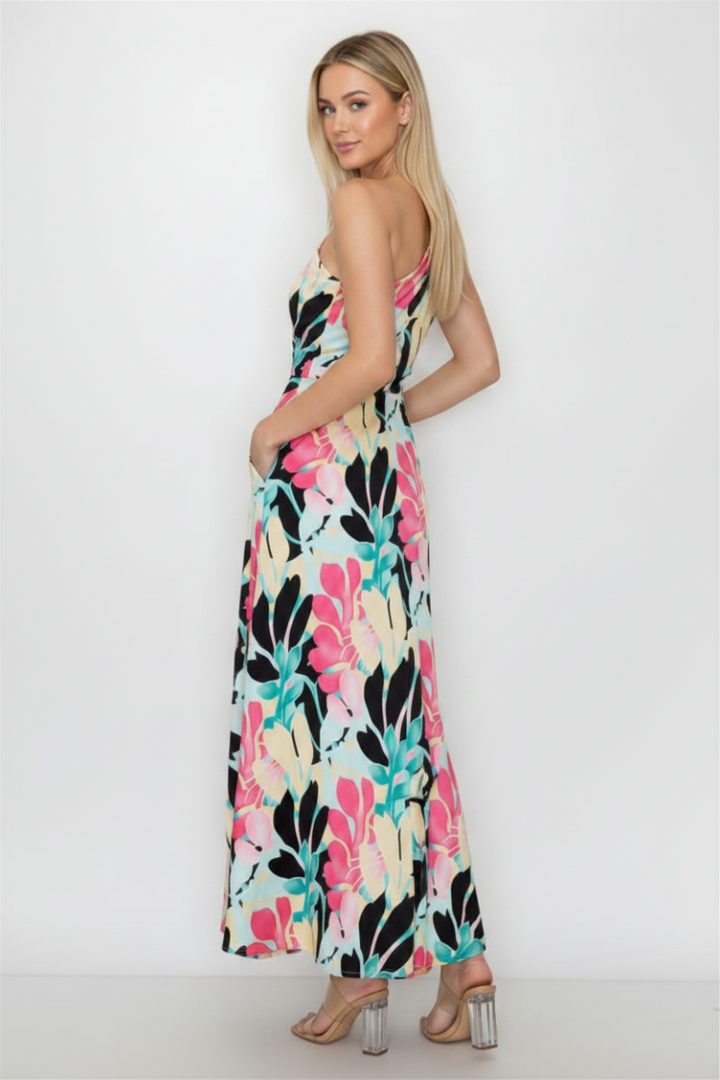 FLORAL PRINT ONE-SHOULDER OPEN-BACK MAXI DRESS RVD4098