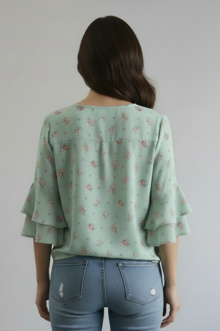 PLUS SIZE FLORAL PRINT V-NECK RUFFLED SLEEVE TOP TP2033
