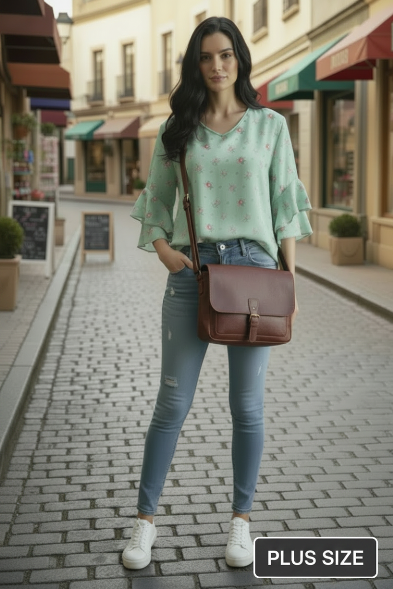 PLUS SIZE FLORAL PRINT V-NECK RUFFLED SLEEVE TOP TP2033