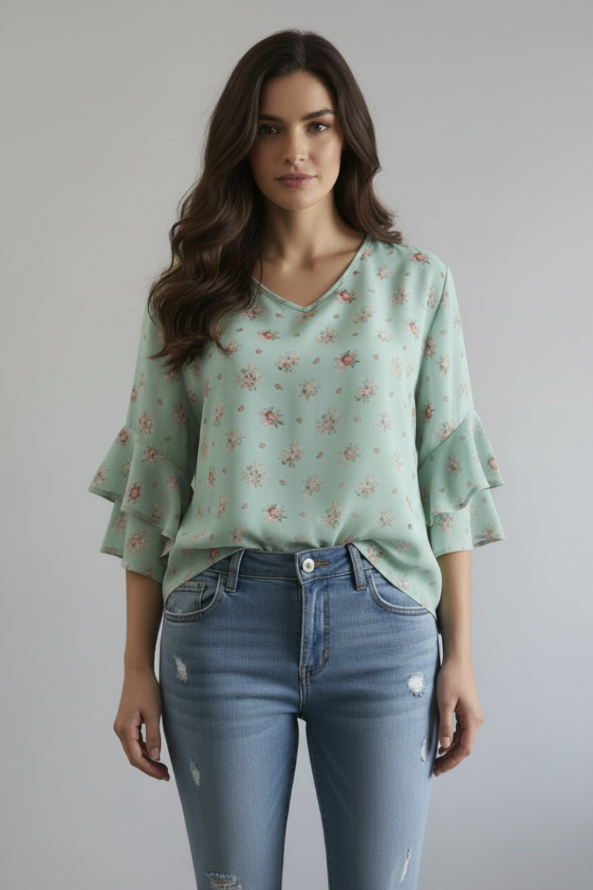 PLUS SIZE FLORAL PRINT V-NECK RUFFLED SLEEVE TOP TP2033