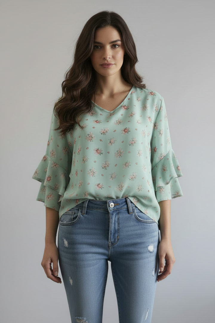 PLUS SIZE FLORAL PRINT V-NECK RUFFLED SLEEVE TOP TP2033