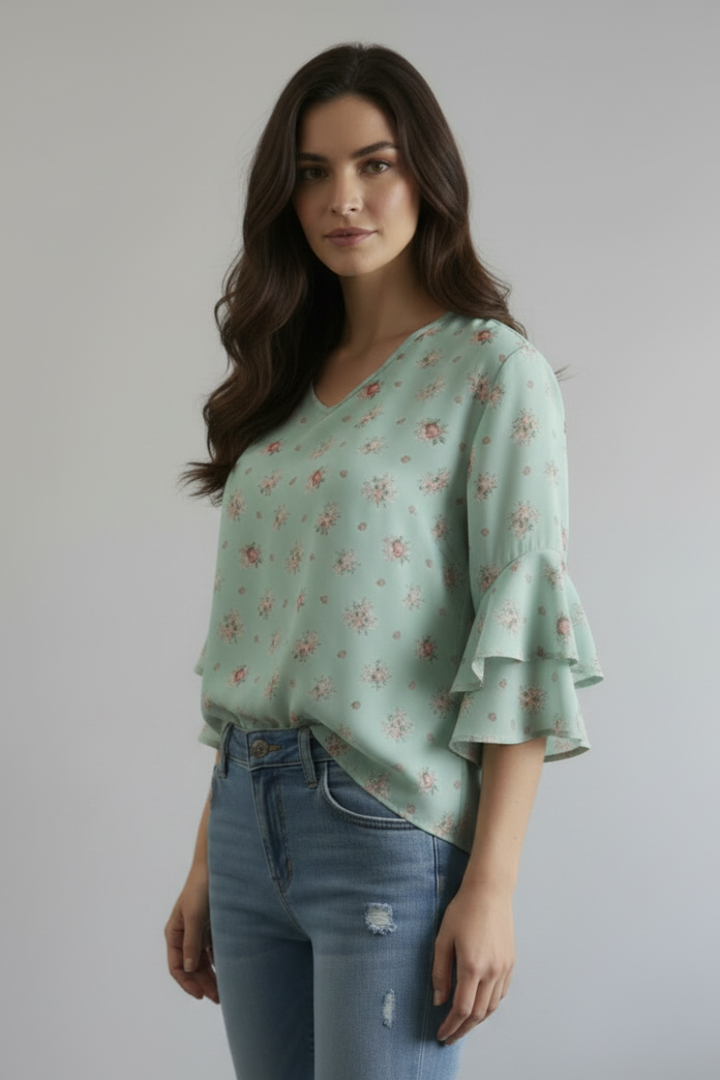 PLUS SIZE FLORAL PRINT V-NECK RUFFLED SLEEVE TOP TP2033